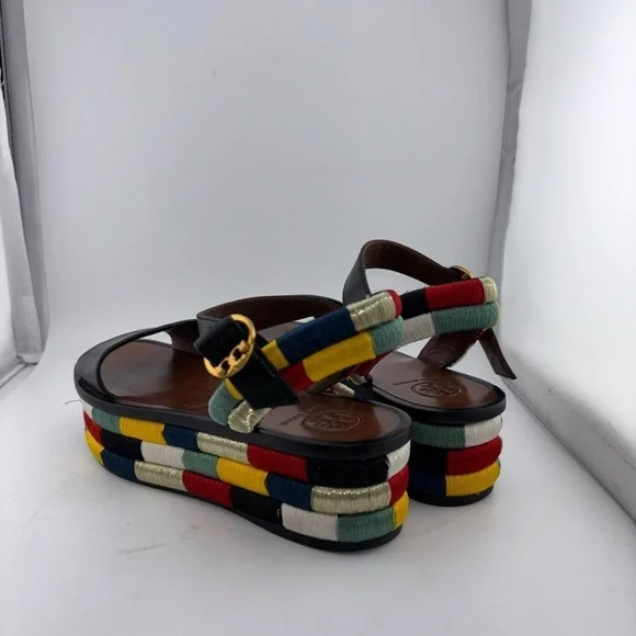 Tory Burch Leather Camilla Embroidered Platform Ankle Strap Sandals Size 5​​​​​ - Picture 14 of 16